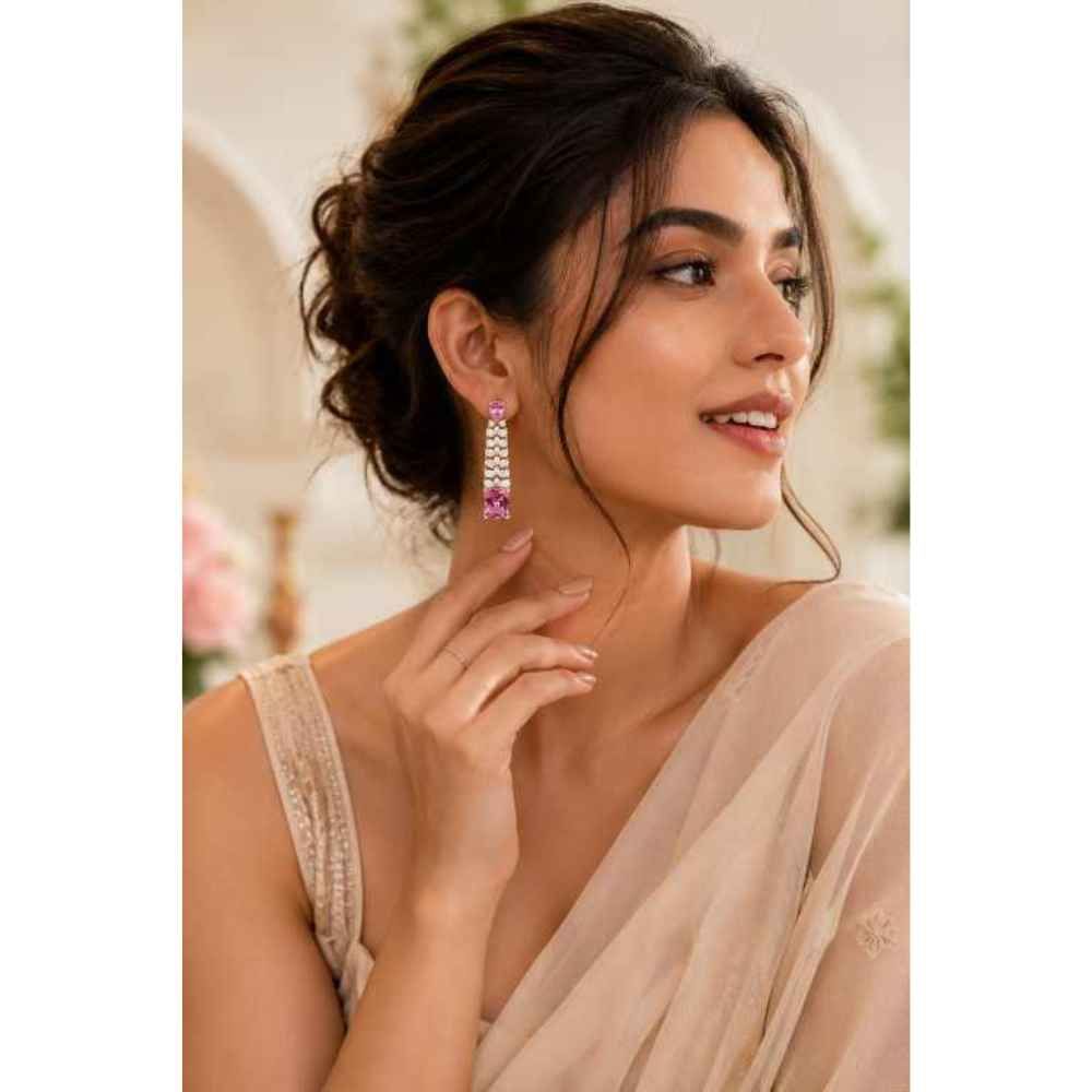 Silver Long Pink And Clear Stone Drop Earrings - SEAR60604 side view
