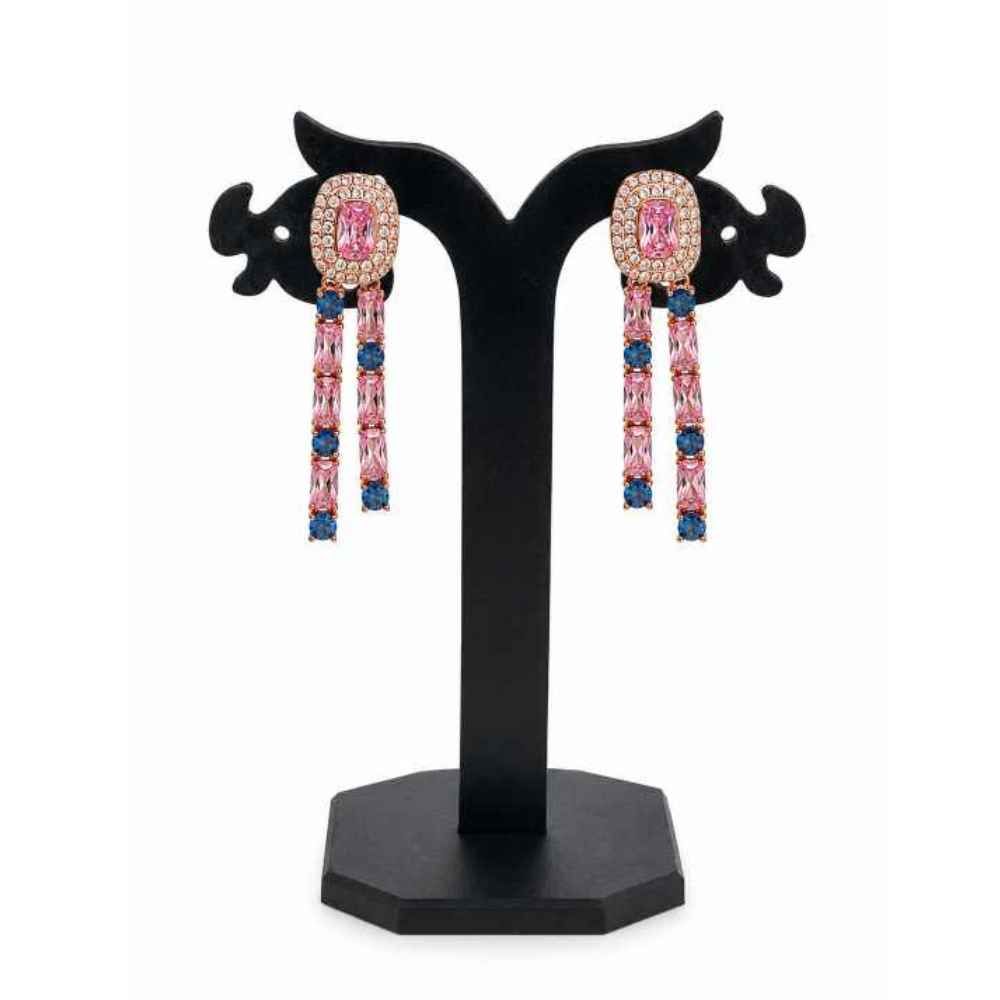 Silver Rose Gold-Tone Pink & Blue Gemstone Double-Strand Drop Earrings - SEAR60717 side view