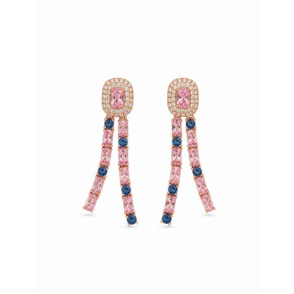 Silver Rose Gold-Tone Pink & Blue Gemstone Double-Strand Drop Earrings - SEAR60717 front view