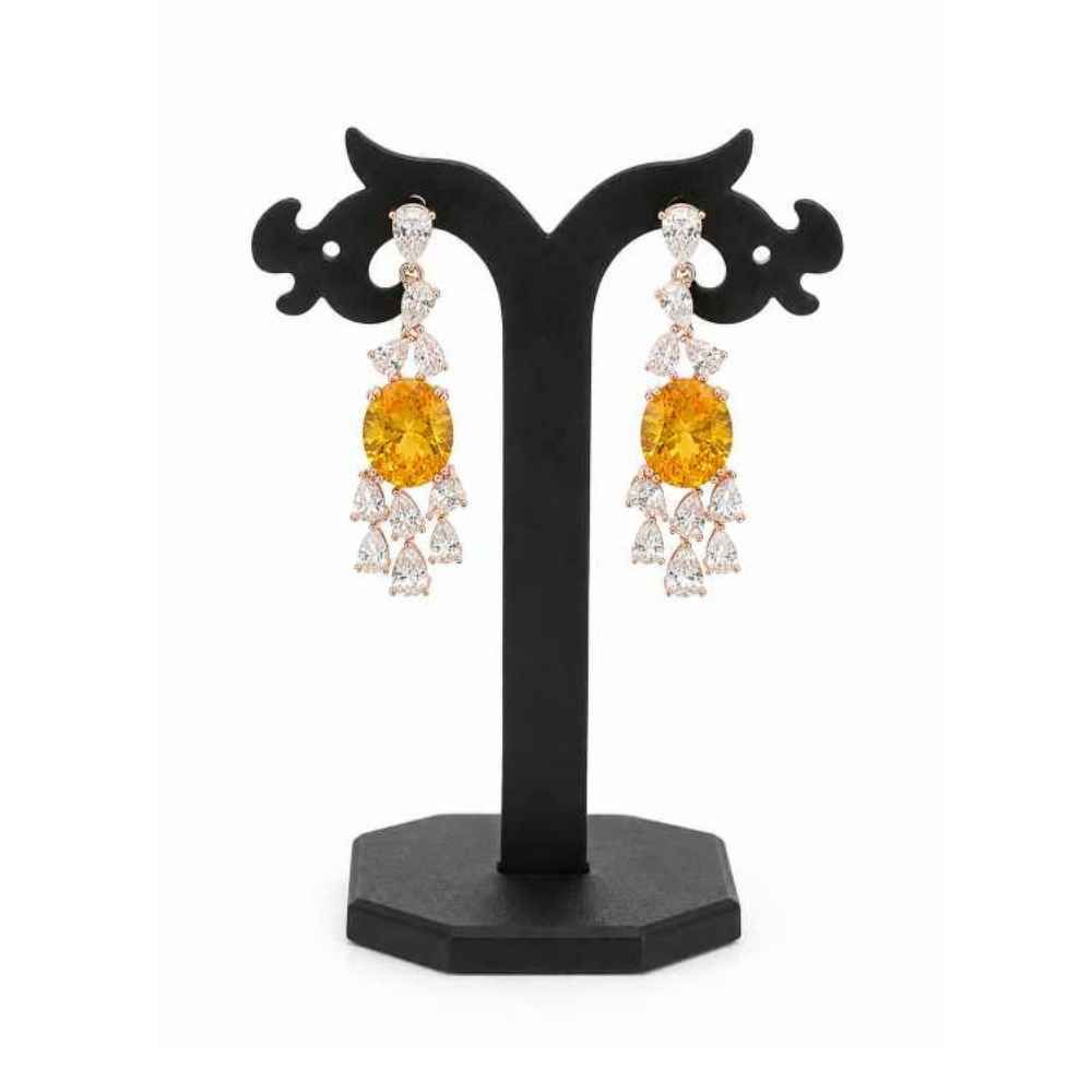 Silver Elegant Chandelier Earrings With Oval Yellow And Clear Gemstone Design - SEAR60722 side view