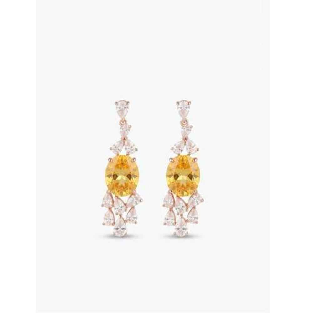 Silver Elegant Chandelier Earrings With Oval Yellow And Clear Gemstone Design - SEAR60722 front view