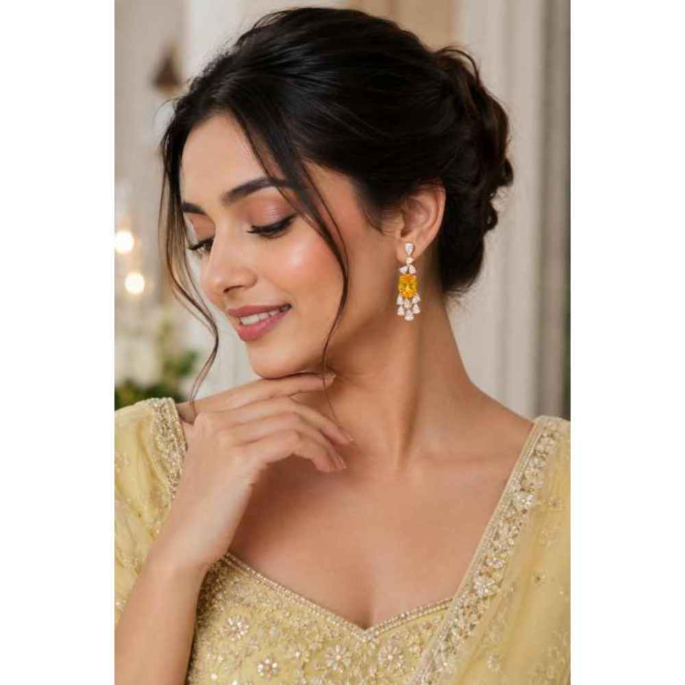 Silver Elegant Chandelier Earrings With Oval Yellow And Clear Gemstone Design - SEAR60722 close-up view