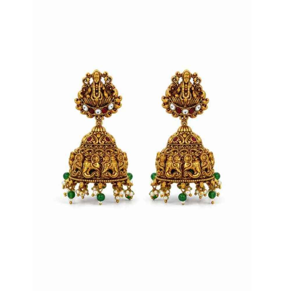 Silver Traditional Temple Jhumka Earrings With Intricate Deity Motif - SEAR60798 front view