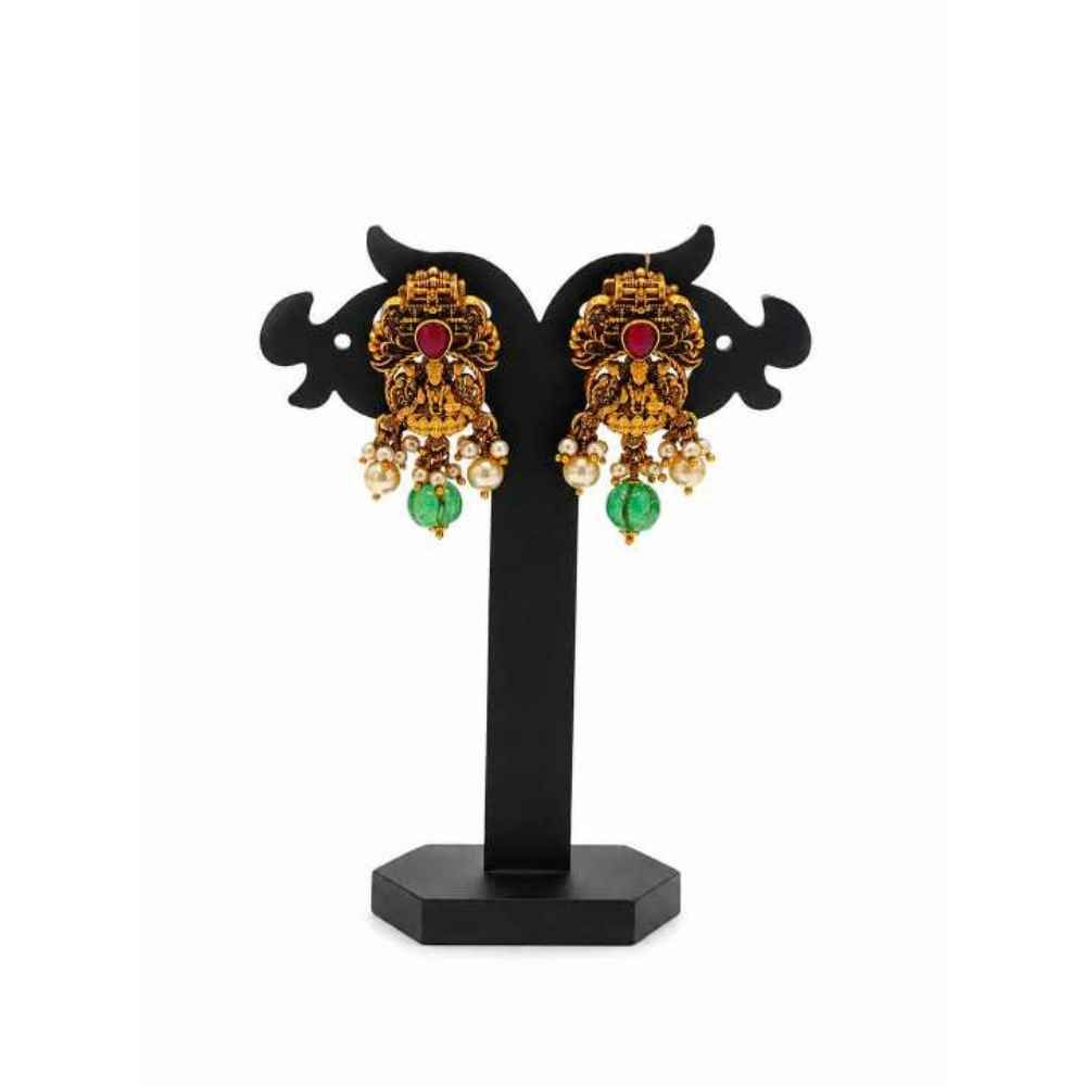 Silver Traditional Temple-Style Antique Gold-Tone Drop Earrings With Red And Green Accents - SEAR60799