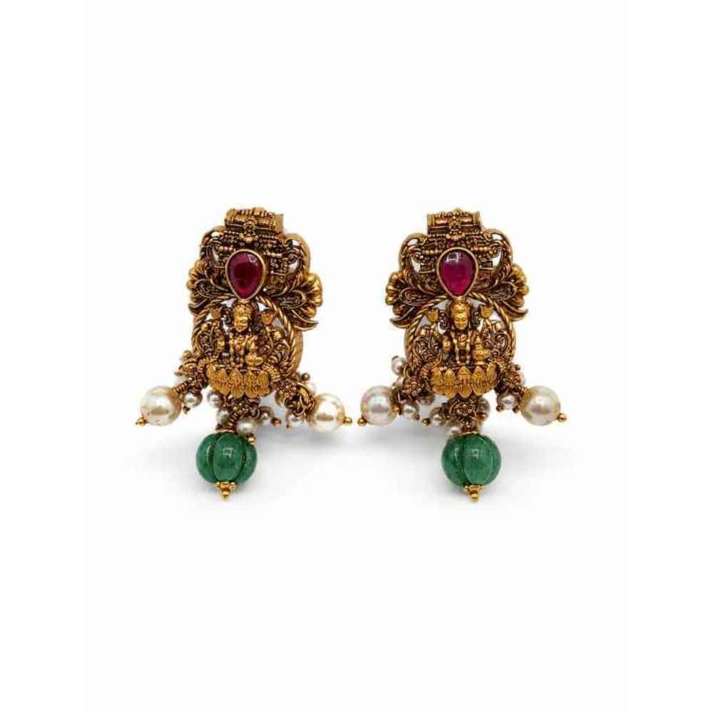 Silver Traditional Temple-Style Antique Gold-Tone Drop Earrings With Red And Green Accents - SEAR60799 front view