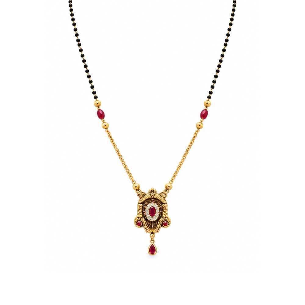 Silver Earrings Designer Black Beaded Necklace With Ornate Red-Colored Pendant - SGAN10166 front view