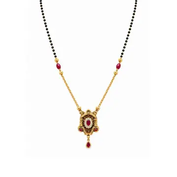 Silver Earrings Designer Black Beaded Necklace With Ornate Red-Colored Pendant - Sgan10166
