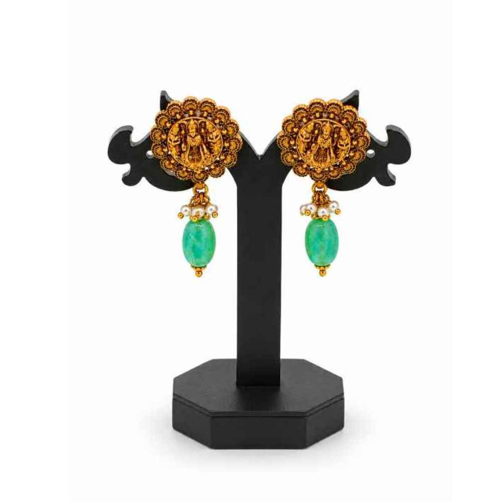 Silver Traditional Gold-Tone Temple Motif Earrings With Green Bead Drops - SEAR60800