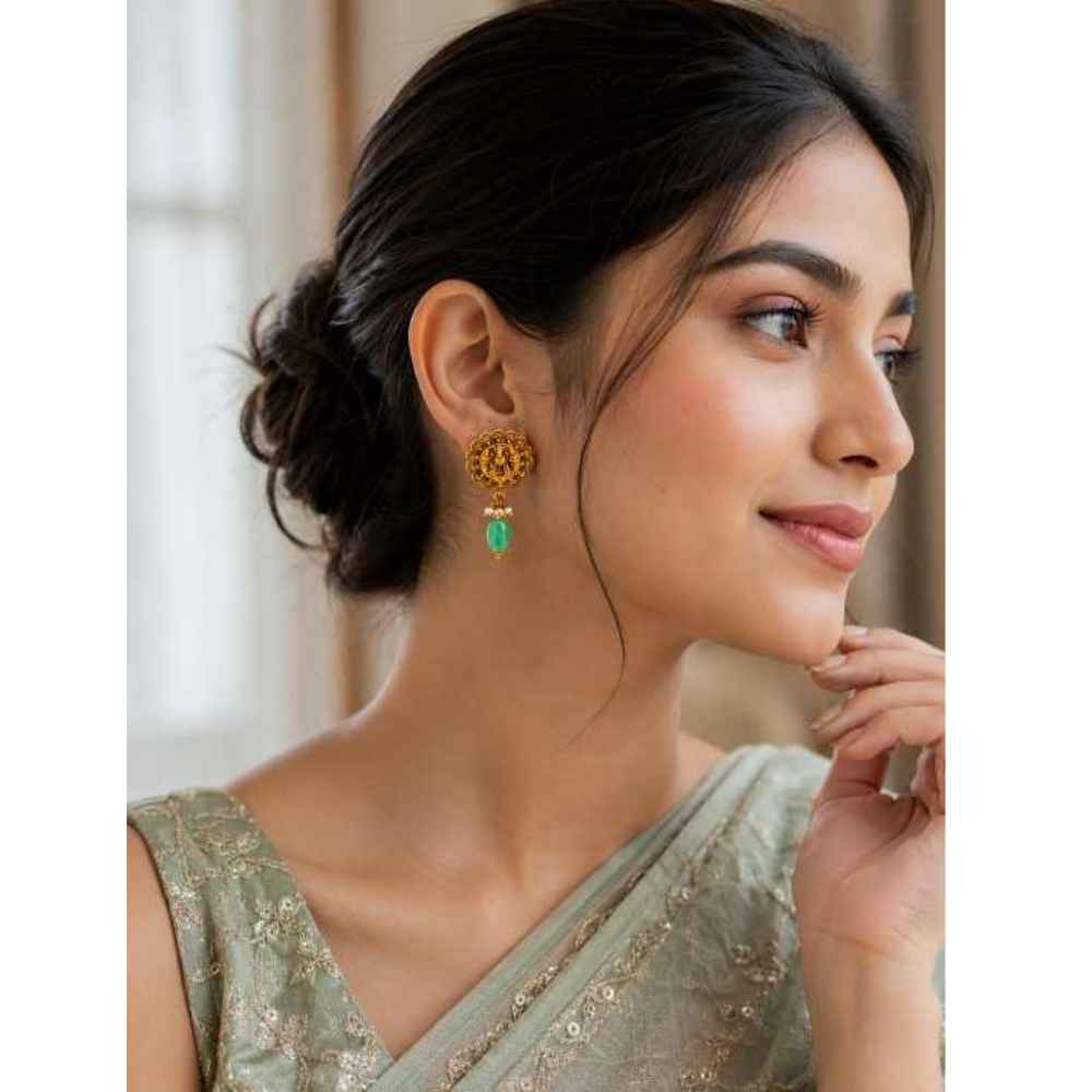 Silver Traditional Gold-Tone Temple Motif Earrings With Green Bead Drops - SEAR60800 close-up view