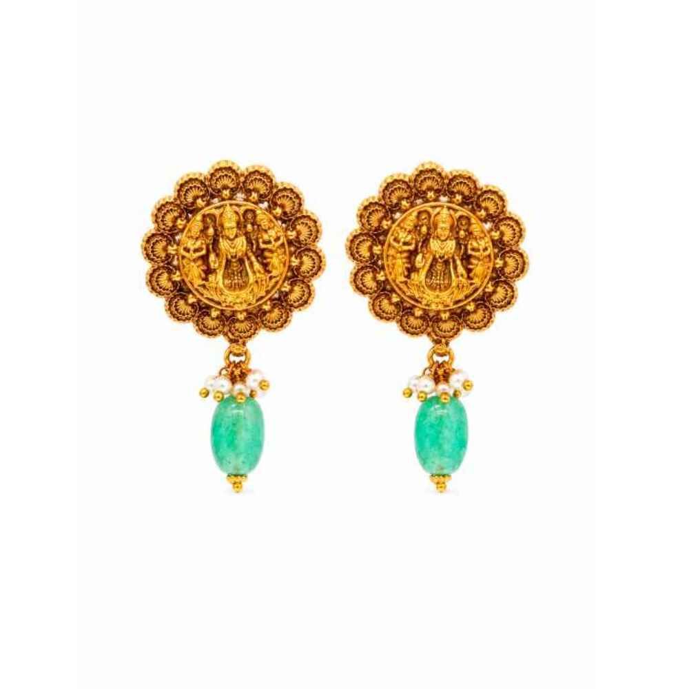 Silver Traditional Gold-Tone Temple Motif Earrings With Green Bead Drops - SEAR60800 front view
