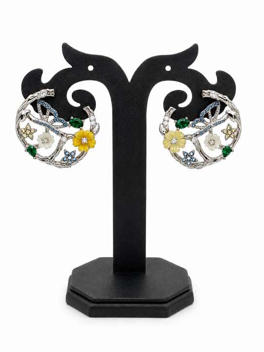 Silver Floral Botanical Hoop Earrings With Multicolour Stone Detailing - SEAR60723