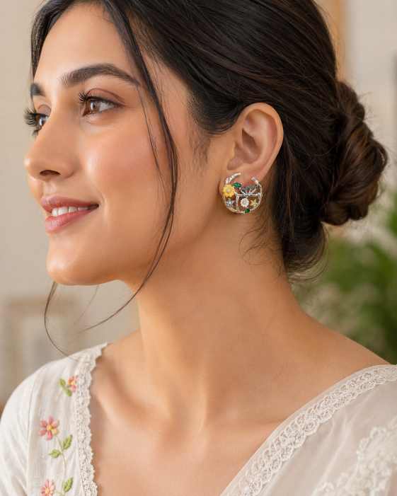 Silver Floral Botanical Hoop Earrings With Multicolour Stone Detailing - SEAR60723 close-up view