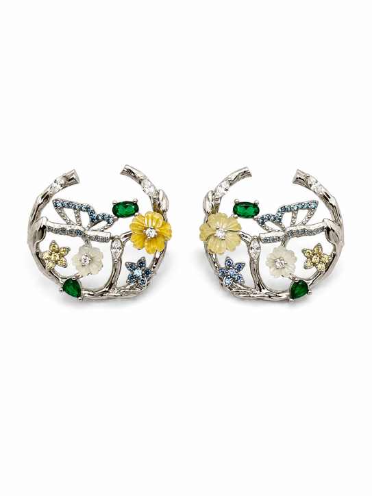 Silver Floral Botanical Hoop Earrings With Multicolour Stone Detailing - SEAR60723 front view