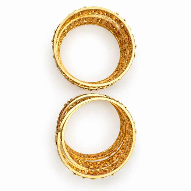 Silver Set Of Six Ornate Floral-Detail Gold-Tone Bangles - CBA1170226 front view