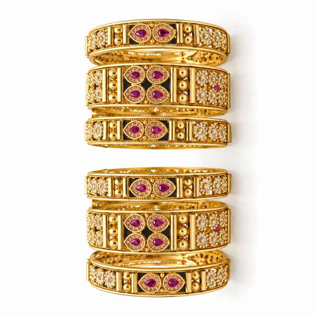 Silver Set Of Six Ornate Floral-Detail Gold-Tone Bangles - CBA1170226 detail view