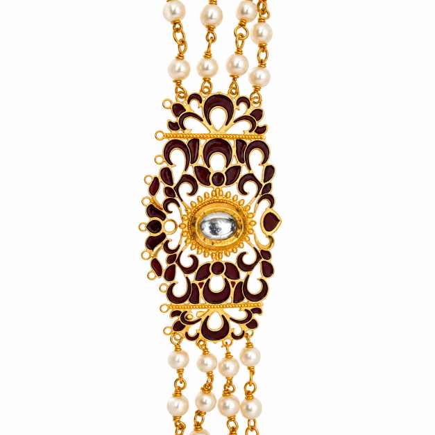 Gold Pearl & Maroon Enamel Ornate Gold-Tone Bracelet - CBR60060 close-up view