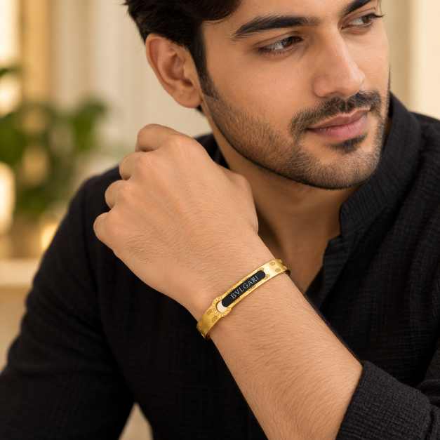 Silver Gold-Tone Textured Cuff Bracelet With Black Plaque Detail - CBR60057 close-up view
