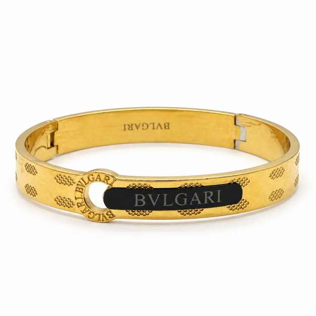 Silver Gold-Tone Textured Cuff Bracelet With Black Plaque Detail - CBR60057 detail view