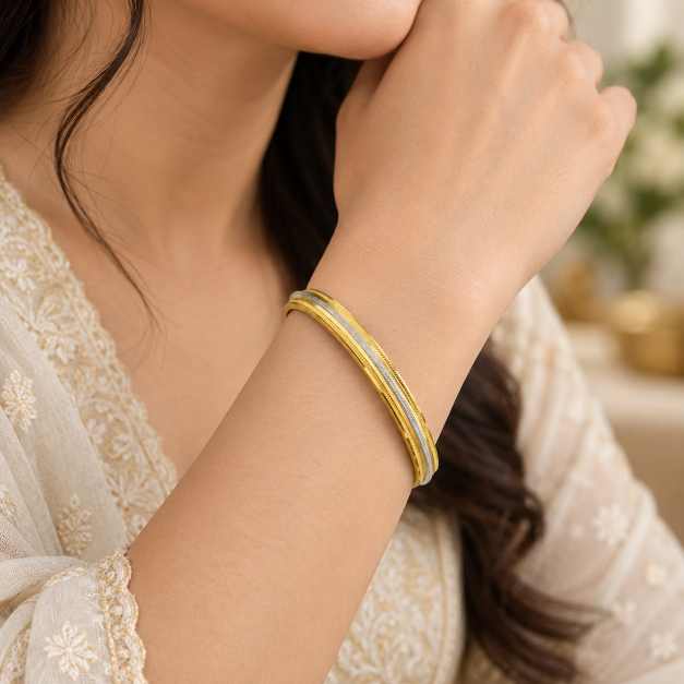 Silver Bangles Two-Tone Linear Textured Copper Bangle - CBR60071 close-up view