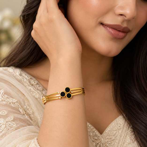 Gold Bangles Copper Bracelet With Triple Black Circular Accent Design - CBR60102 close-up view