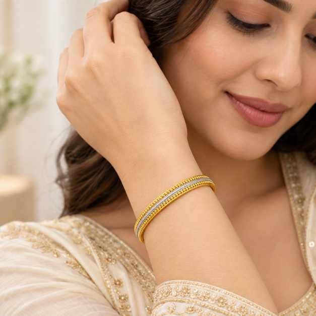 Gold Bangles Two-Tone Textured Copper Bangle Bracelet - CBR60073 close-up view