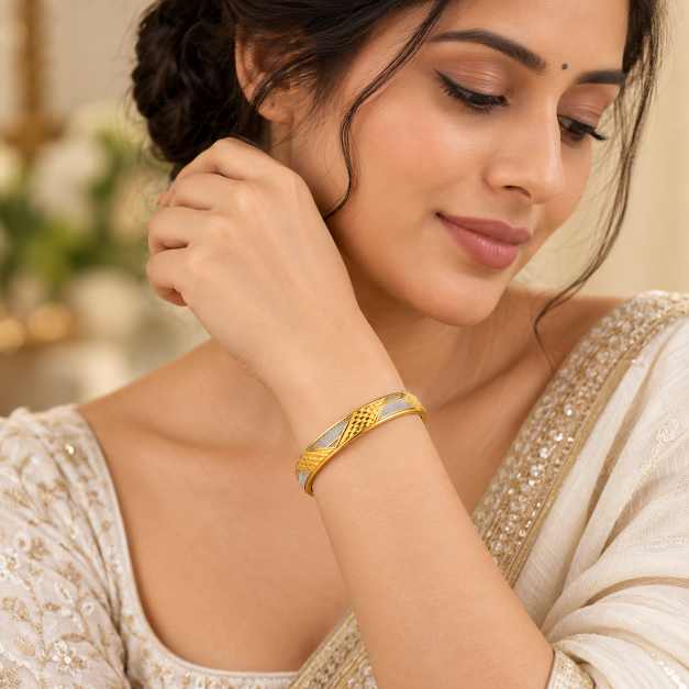 Gold Bangles Geometric Two-Tone Textured Copper Bracelet - CBR60078 close-up view