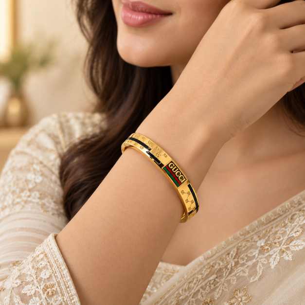 Gold Bangles Copper Bracelet With Green-Red Accent And Patterned Detail - CBR60099 close-up view