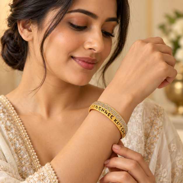 Gold Copper Bracelet With Dual-Tone Embossed Textured Design - CBR60081 close-up view