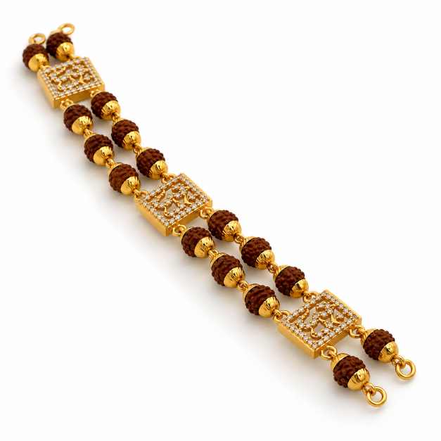 Gold Rudraksha Beaded Gold-Tone Designer Bracelet With Stone Detailing - CBR60107 side view