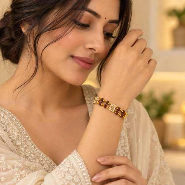 Gold Rudraksha Beaded Gold-Tone Designer Bracelet With Stone Detailing - CBR60107 close-up view