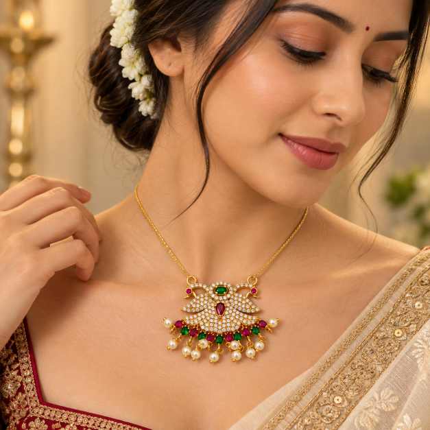 Silver Pendants Copper Pendant With Multicolour Stone & Pearl Detailing - CPS10171 side view