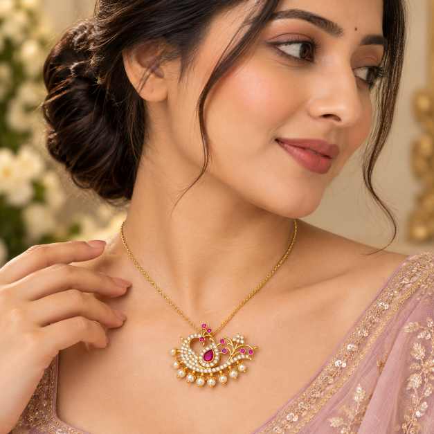 Silver Pendants Elegant Copper Pendant With Pink, Red & Pearl Detailing - CPS10068 side view