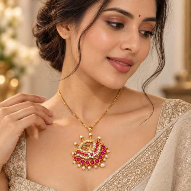 Silver Pendants Copper Floral-Inspired Pendant With Multicolor Stones And Pearl Accents - CPS10154 side view