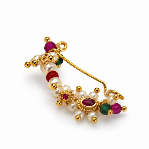 Silver Gold-Tone Pearl & Multicolour Beaded Nath Nose Ring - CN10455 front view