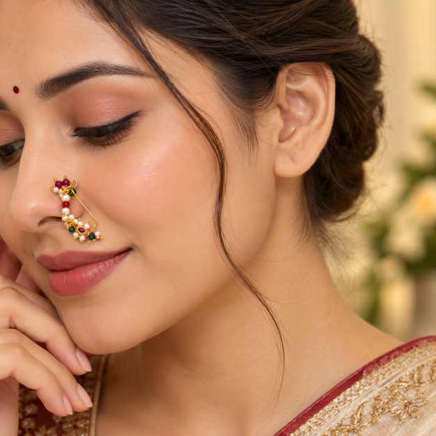 Silver Gold-Tone Pearl & Multicolour Beaded Nath Nose Ring - CN10455 side view