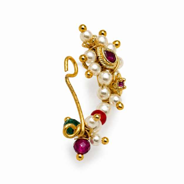 Silver Gold-Tone Pearl & Multicolour Beaded Nath Nose Ring - CN10455 close-up view