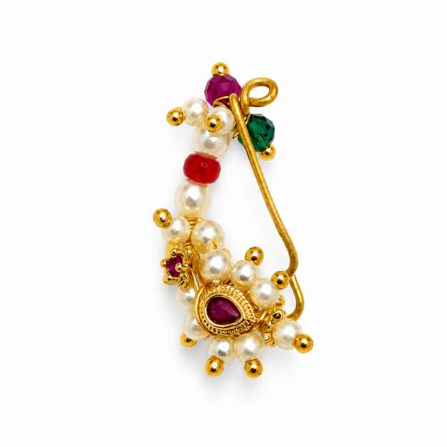 Silver Gold-Tone Pearl & Multicolour Beaded Nath Nose Ring - CN10455 detail view