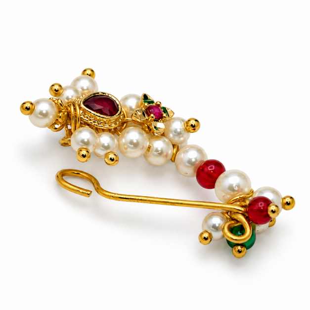 Silver Pearl & Multicolour Beaded Traditional Nath - CN10449