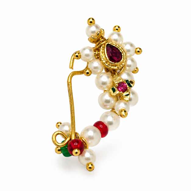 Silver Pearl & Multicolour Beaded Traditional Nath - CN10449 close-up view