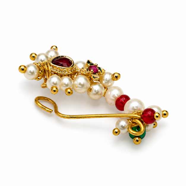 Silver Pearl & Multicolour Beaded Traditional Nath - CN10449 detail view