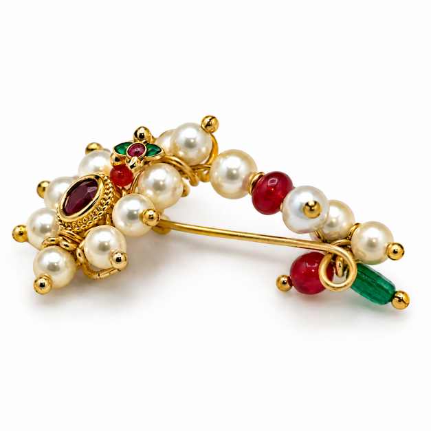 Silver Traditional Pearl & Red-Green Beaded Nath Nose Ring - CN10447
