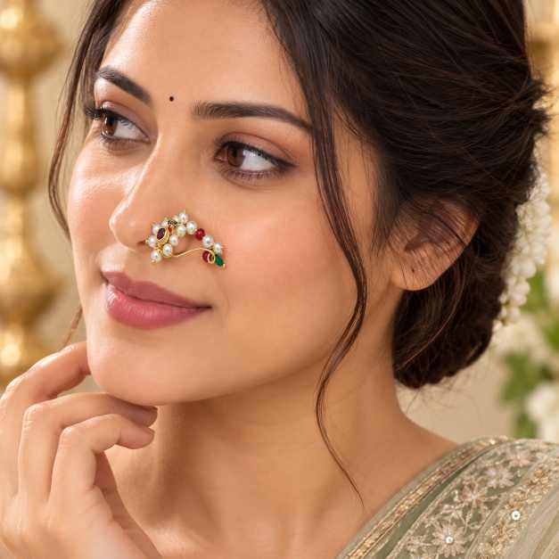Silver Traditional Pearl & Red-Green Beaded Nath Nose Ring - CN10447 side view