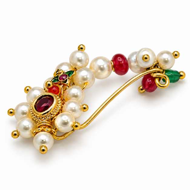 Silver Traditional Pearl & Red-Green Beaded Nath Nose Ring - CN10447 close-up view