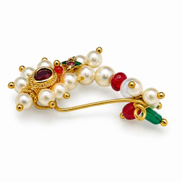 Silver Traditional Pearl & Red-Green Beaded Nath Nose Ring - CN10447 detail view