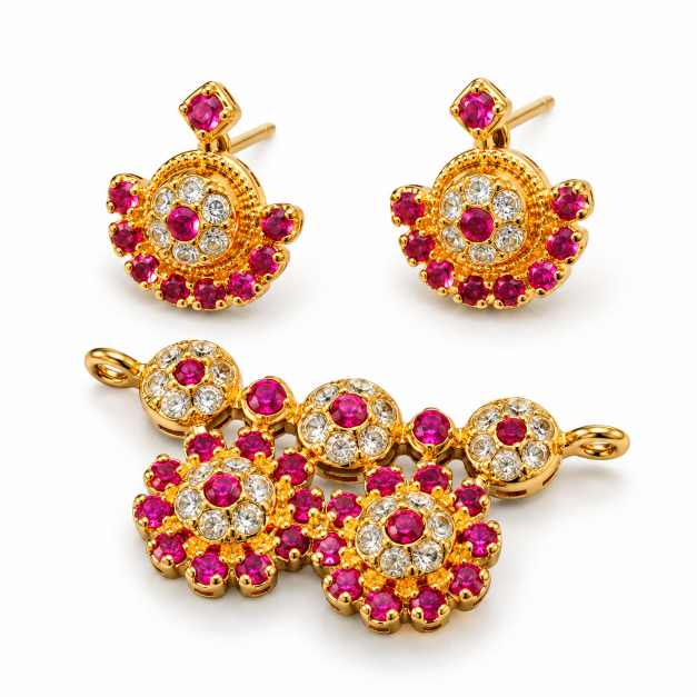 Silver Pendants Gold-Tone Floral Pink & Clear Stone Jewellery Set - CPS10136