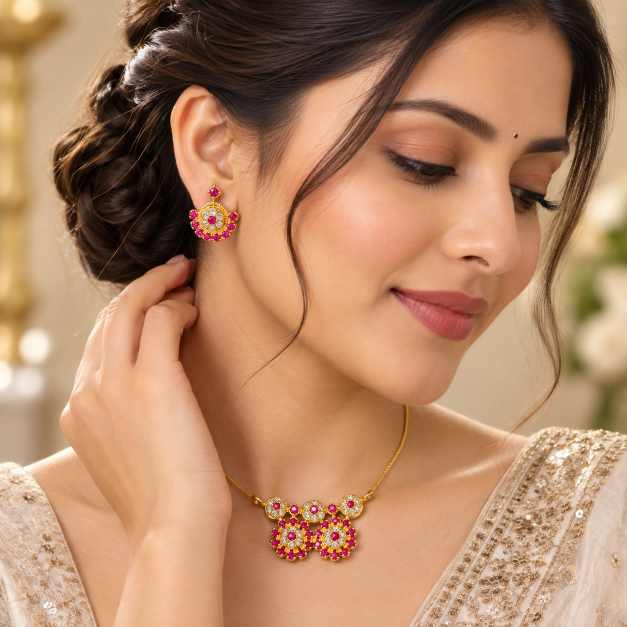Silver Pendants Gold-Tone Floral Pink & Clear Stone Jewellery Set - CPS10136 side view
