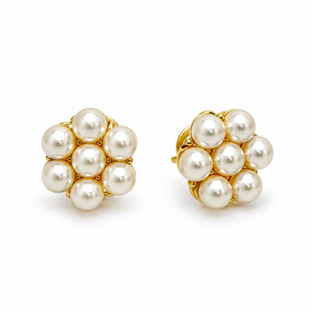 Silver Pearl Cluster Stud Earrings In Gold-Tone Finish - OTOP10576 front view