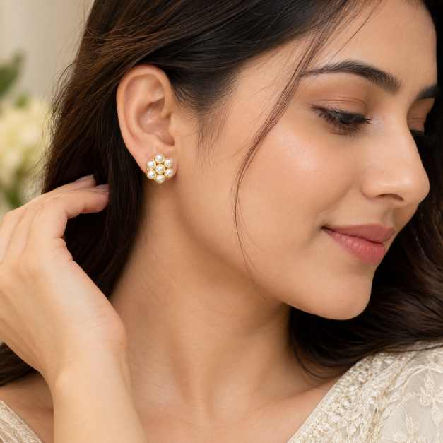 Silver Pearl Cluster Stud Earrings In Gold-Tone Finish - OTOP10576 side view