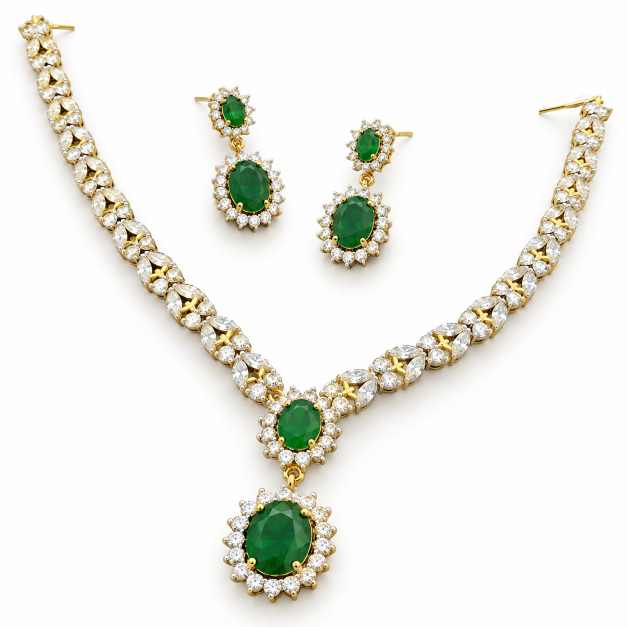 Diamond Green Stone Halo Drop Necklace Set - SNSS0003 front view