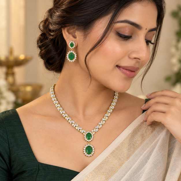 Diamond Green Stone Halo Drop Necklace Set - SNSS0003 side view